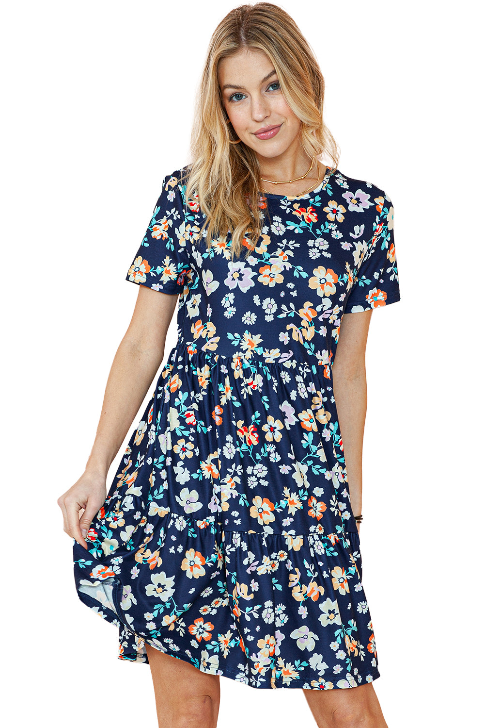 Blue Boho Floral A Line Smocked Waist Mini Dress - Eloy Royal