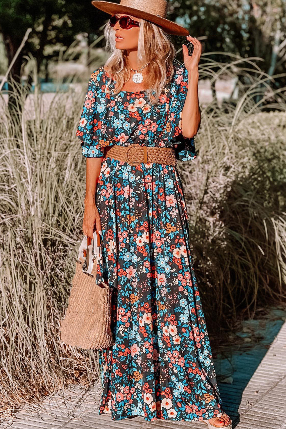 Sky Blue Boho Floral Print Knotted Backless Maxi Dress - Eloy Royal