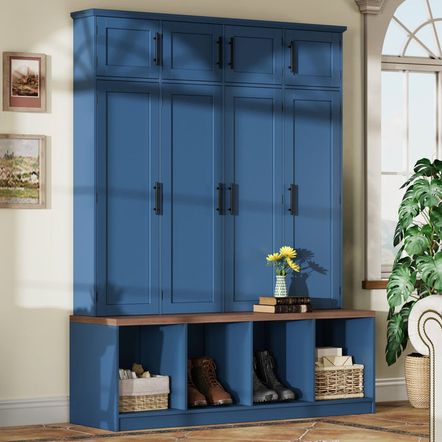 Farmhouse Hall Tree with 4 Hidden Hanging Hooks, Versatile Walnut Seating Bench with 8 Doors, Entryway Shoe Cabinet with Open Compartment for Living Room, Blue (OLD SKU:N721S000059C)