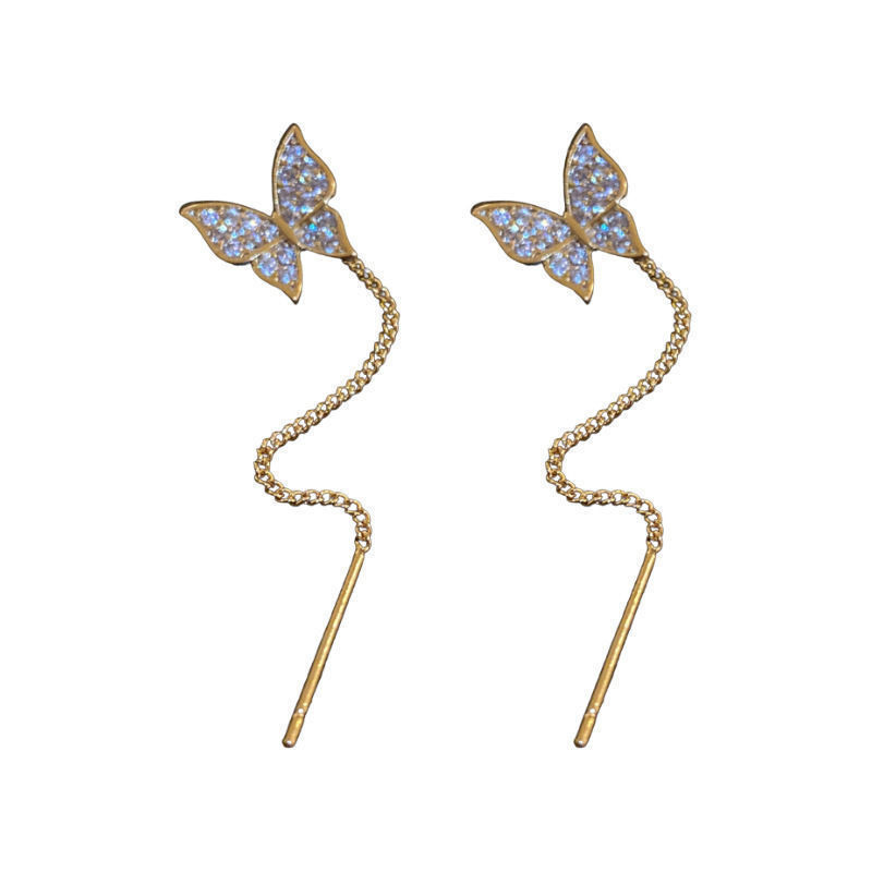 925 Silver Needle Long Tassel Butterfly Earrings