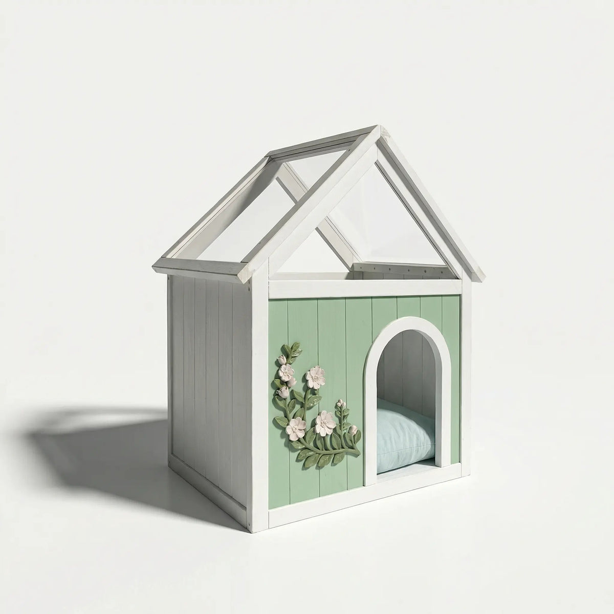 SAGE FSC-Certified Cedar Indoor Cat House with Clear Acrylic Roof – Mint White Wooden Pet House for Small Cats & Dogs