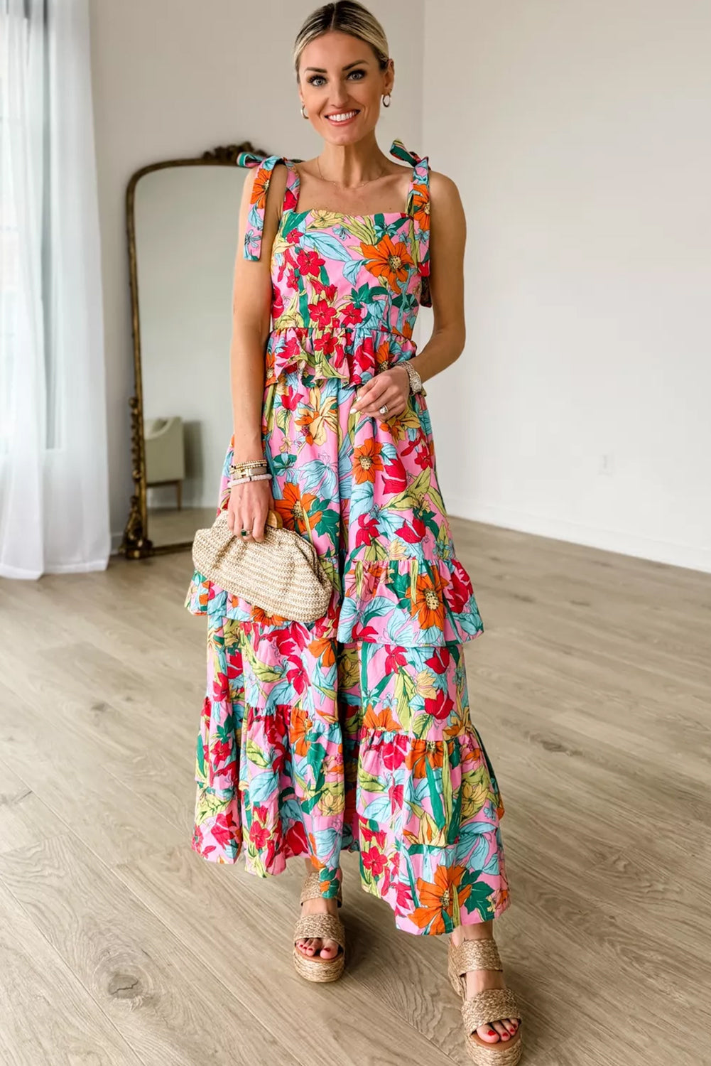 Multicolour Boho Floral Print Knot Strap Ruffle Layered Maxi Dress - Eloy Royal