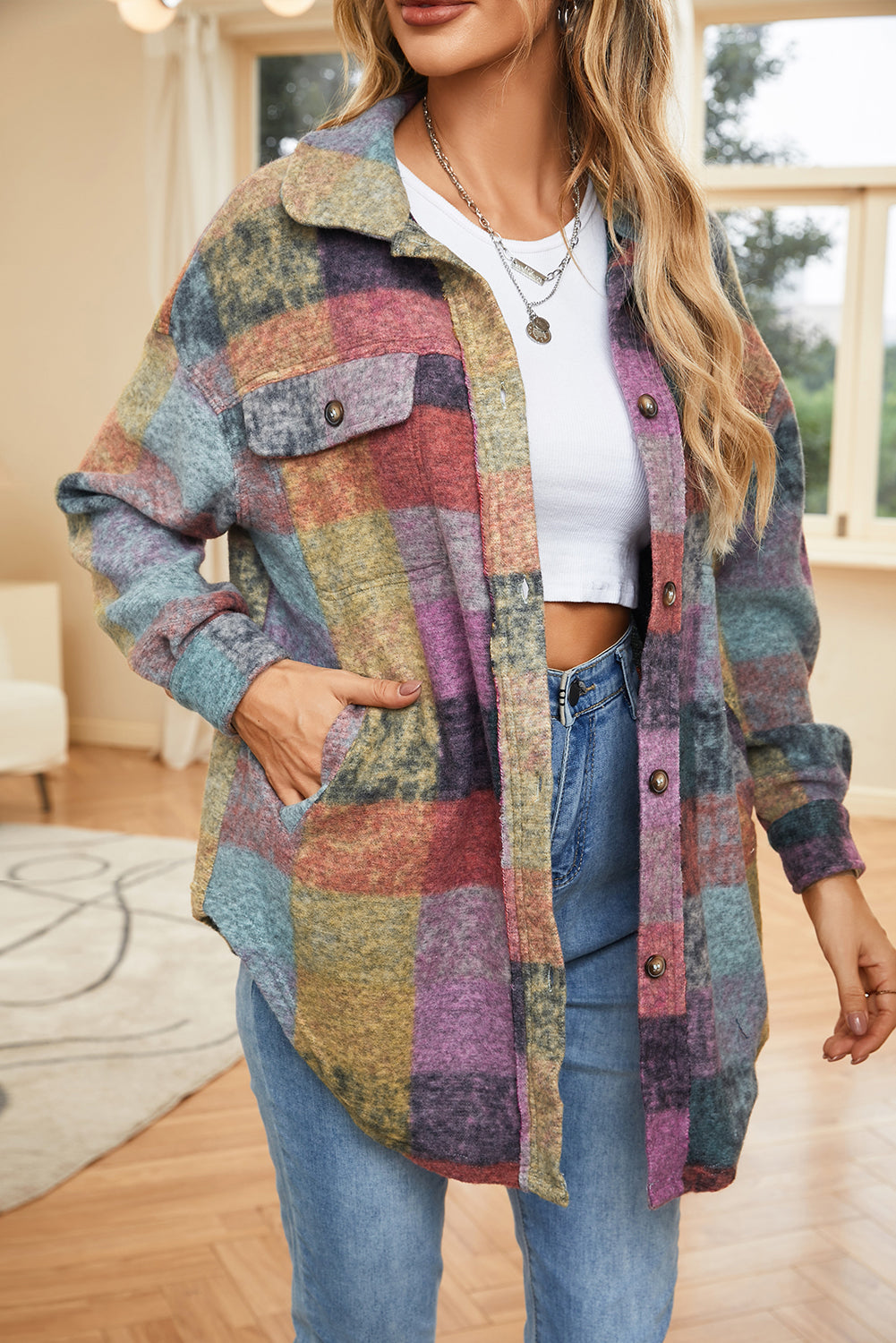 Multicolor Brushed Plaid Pocketed Oversize Shacket - Eloy Royal