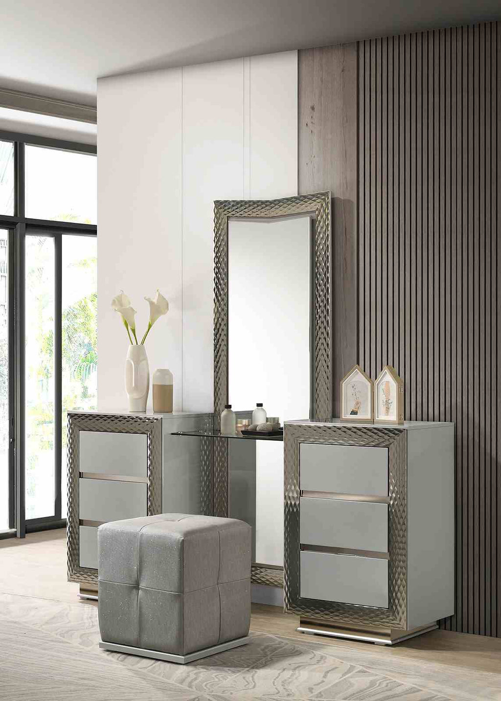 Glam Style 1pc Vanity Set w/ Stool Plinth Base Silver Molding Glass Top LED On Headboard And Mirror Gray Finish Bedroom Furniture