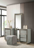 Glam Style 1pc Vanity Set w/ Stool Plinth Base Silver Molding Glass Top LED On Headboard And Mirror Gray Finish Bedroom Furniture