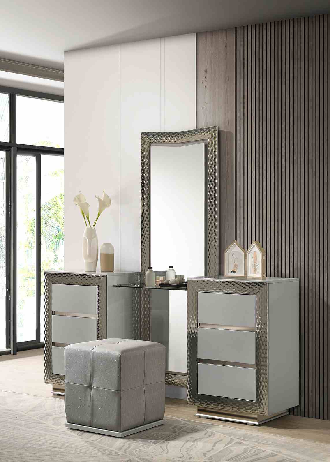 Glam Style 1pc Vanity Set w/ Stool Plinth Base Silver Molding Glass Top LED On Headboard And Mirror Gray Finish Bedroom Furniture