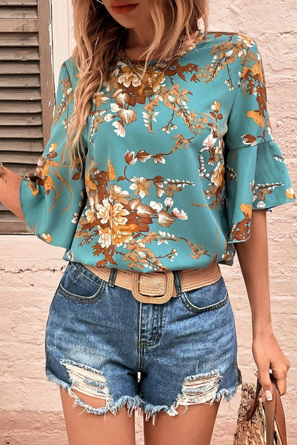 Mineral Blue Floral Print Round Neck Flounce Sleeve Blouse - Eloy Royal