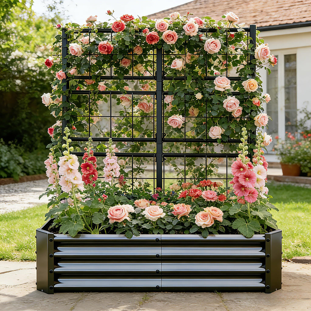 4x2x1FT Galvanized Raised Garden Bed with Arch Trellis for Climbing Vegetables Tomato Cucumber Bean, Heavy Duty Metal Raised Garden Bed Outdoor, Black