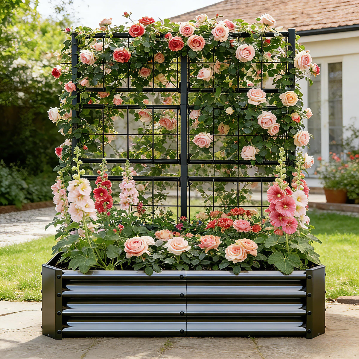 4x2x1FT Galvanized Raised Garden Bed with Arch Trellis for Climbing Vegetables Tomato Cucumber Bean, Heavy Duty Metal Raised Garden Bed Outdoor, Black