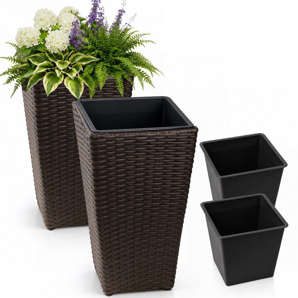 SOLHOME 19.7' Tall Poly Rattan Planter, Brown Tapered Plant Pot with Steel Frame – Indoor Outdoor Decorative Planter with PP Insert, Set of 2 Planters
