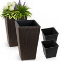 SOLHOME 19.7' Tall Poly Rattan Planter, Brown Tapered Plant Pot with Steel Frame – Indoor Outdoor Decorative Planter with PP Insert, Set of 2 Planters