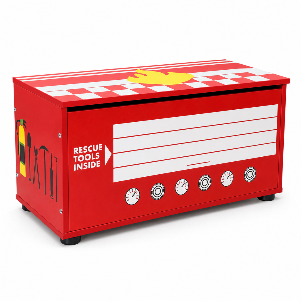 Kids Fire Truck Storage Chest with Manual Flip-Top Lid, Gas Strut Support, Soft-Close Toy Box