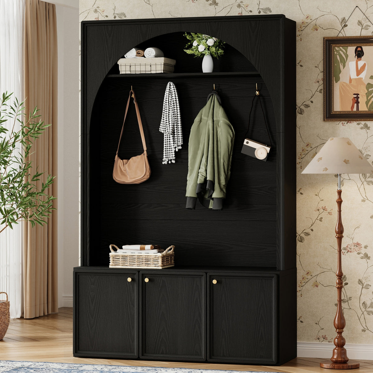ON-TREND Farmhouse All-in-One Hall Tree with Adjustable Shelves, Retro Arched Entryway Storage Bench with 3 Cabinets, Wooden Coat Rack Organizer with 4 Golden Hooks for Mudroom, Hallway, Black