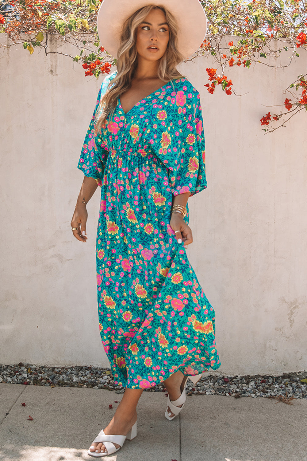 Floral Print Deep V Neck Flutter Sleeve Boho Maxi Dress - Eloy Royal