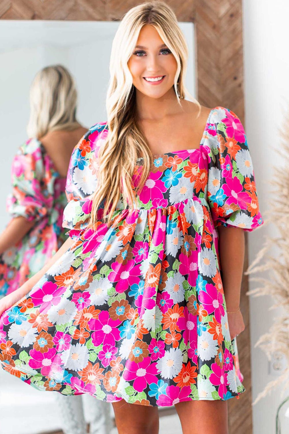 Rose Floral Print Square Neck Short Puff Sleeve Dress - Eloy Royal