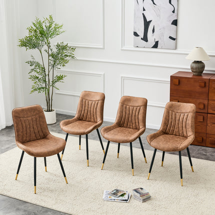 Dining Chairs Set of 4, Brown Tech Fabric Upholstered Dining Chairs with Semi-Gloss Black Metal Legs, Gold-Trimmed Adjustable Non-Slip Feet, Vertical-Stitched High Back (Brown, Set of 4)