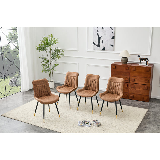 Dining Chairs Set of 4, Brown Tech Fabric Upholstered Dining Chairs with Semi-Gloss Black Metal Legs, Gold-Trimmed Adjustable Non-Slip Feet, Vertical-Stitched High Back (Brown, Set of 4)