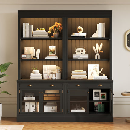 83.4'Tall Bookshelf Suite with LED Lighting, Modern Bookcases with Glass Doors and Drawers,2-Piece Set Storage Bookcase Suite with Open Shelves for Living Room,Home Office,Black