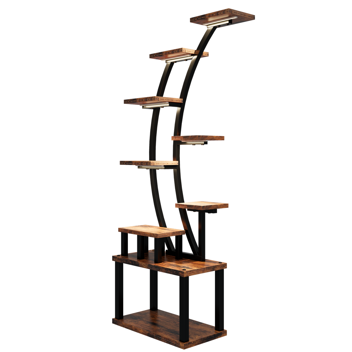 Rustic Brown 9-Tiered Indoor Plant Stand with 5 Adjustable Grow Lights, Energy-Efficient LED Lighting, MDF and Metal Construction, 63.6' Tall