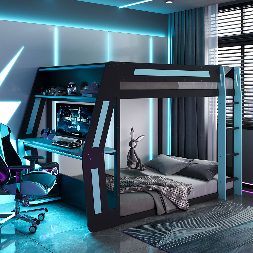Full-Size Gaming Bunk Bed with Side-Mounted Oversized RGB Desk, USB Charging Ports & Cable Grommet, LED Light Strip, Heavy-Duty Esports Loft Frame – Cool Design-Cloud Blue
