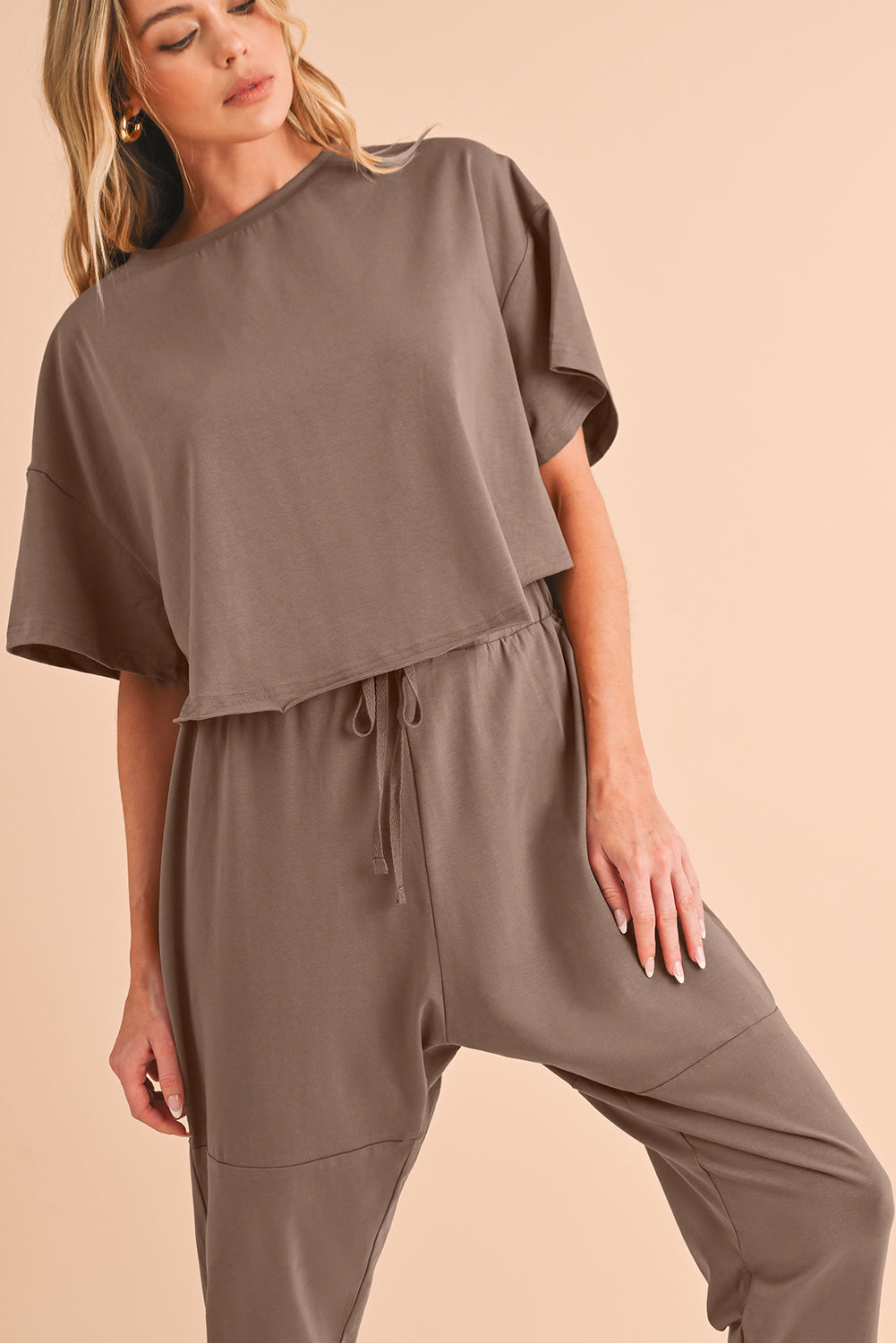 Taupe Batwing Sleeve High Low Tee and Drawstring Crop Pants Set - Eloy Royal