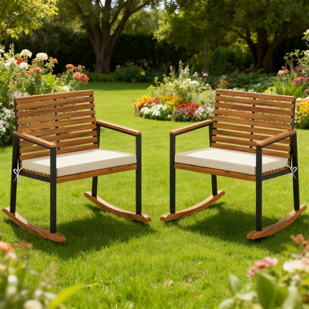 Lawn Rocking Chair Set of 2 Rocking Chairs with Armrests Cushion, Cream White