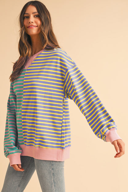 Brown Stripe Colorblock Drop Shoulder Oversize Sweatshirt