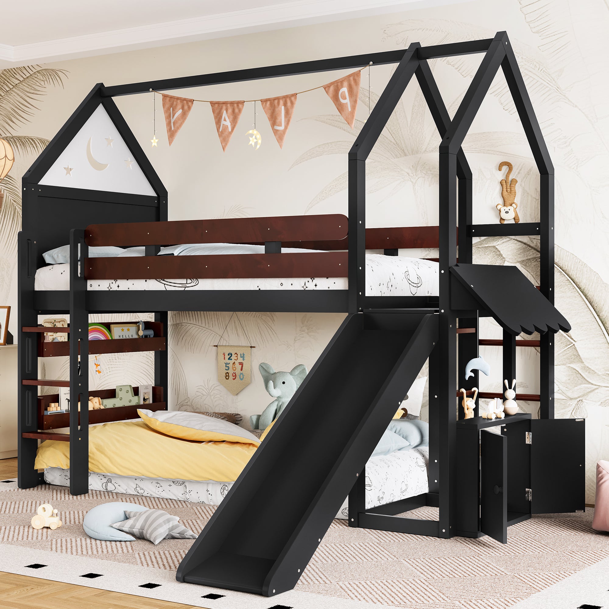 Twin Size Loft Bed with Bookshelf Playful Design for Kids House-Shaped Structure with Slide High-Quality Safety Rails,Beige/Natural /Black