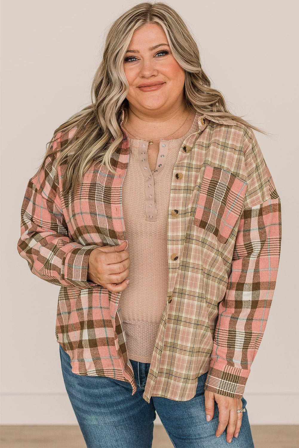 Pink Plaid Plus Size Color Block Long Sleeve Shirt with Pocket - Eloy Royal