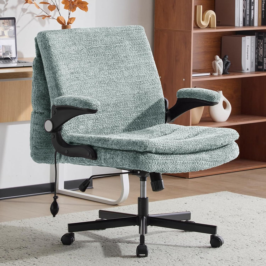 Criss Cross Legged Office Chair with Flip-Up Back Built-In Dynamic Airbag Lumbar Support, Wide Seat Desk Chair with Flip-Up Arms and Wheels, Modern Cross-Leg Chair for Home Office, Vanity, Light Green