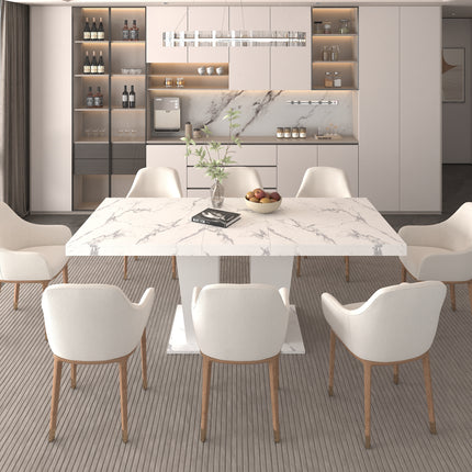 Extendable Dining Room Table for 6-10 Modern White Faux Marble Wooden Expandable Kitchen Table w/Dual Column Pedestal Base, Large Rectangle Dining Table