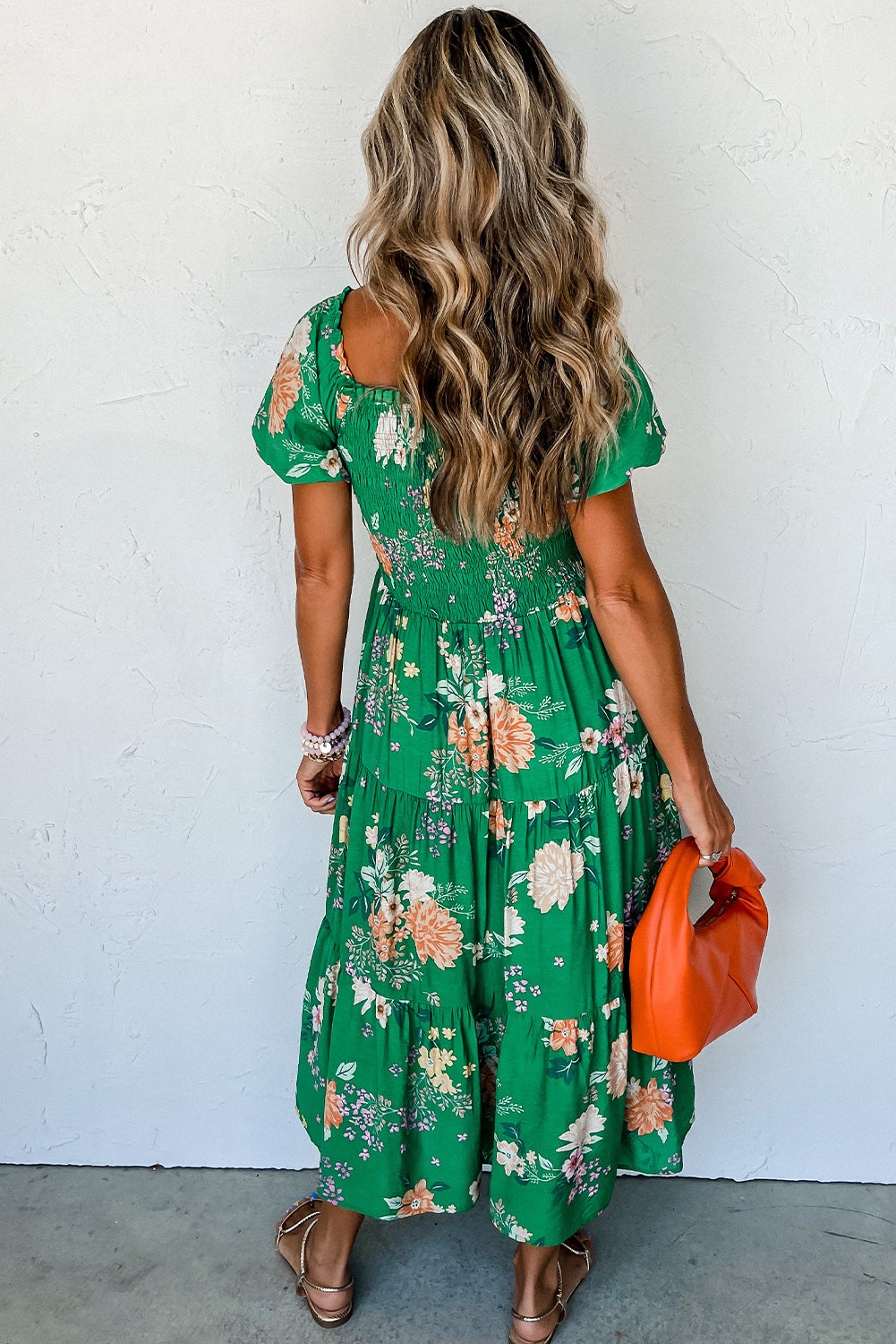 Green Floral Print Bubble Sleeve Smocked Tiered Midi Dress - Eloy Royal