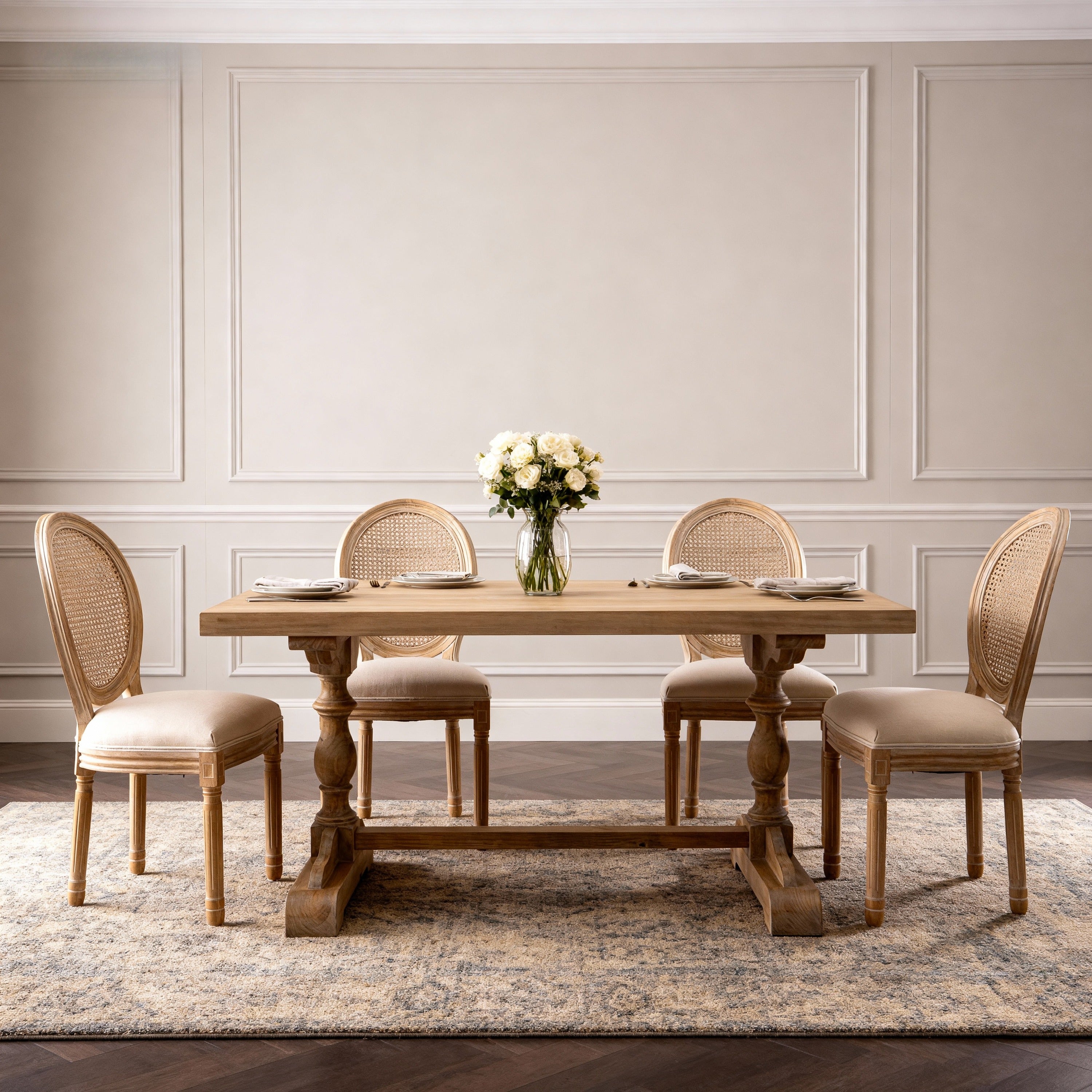 French Style Solid Wood Frame Linen Fabric Rattan Back Dining Chair,Set of 2, Beige