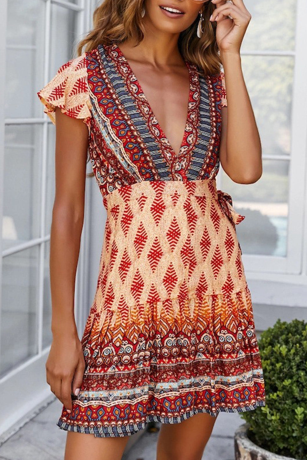 Multicolour Geometric Print Deep V Neck Ruffle Sleeve Short Dress - Eloy Royal