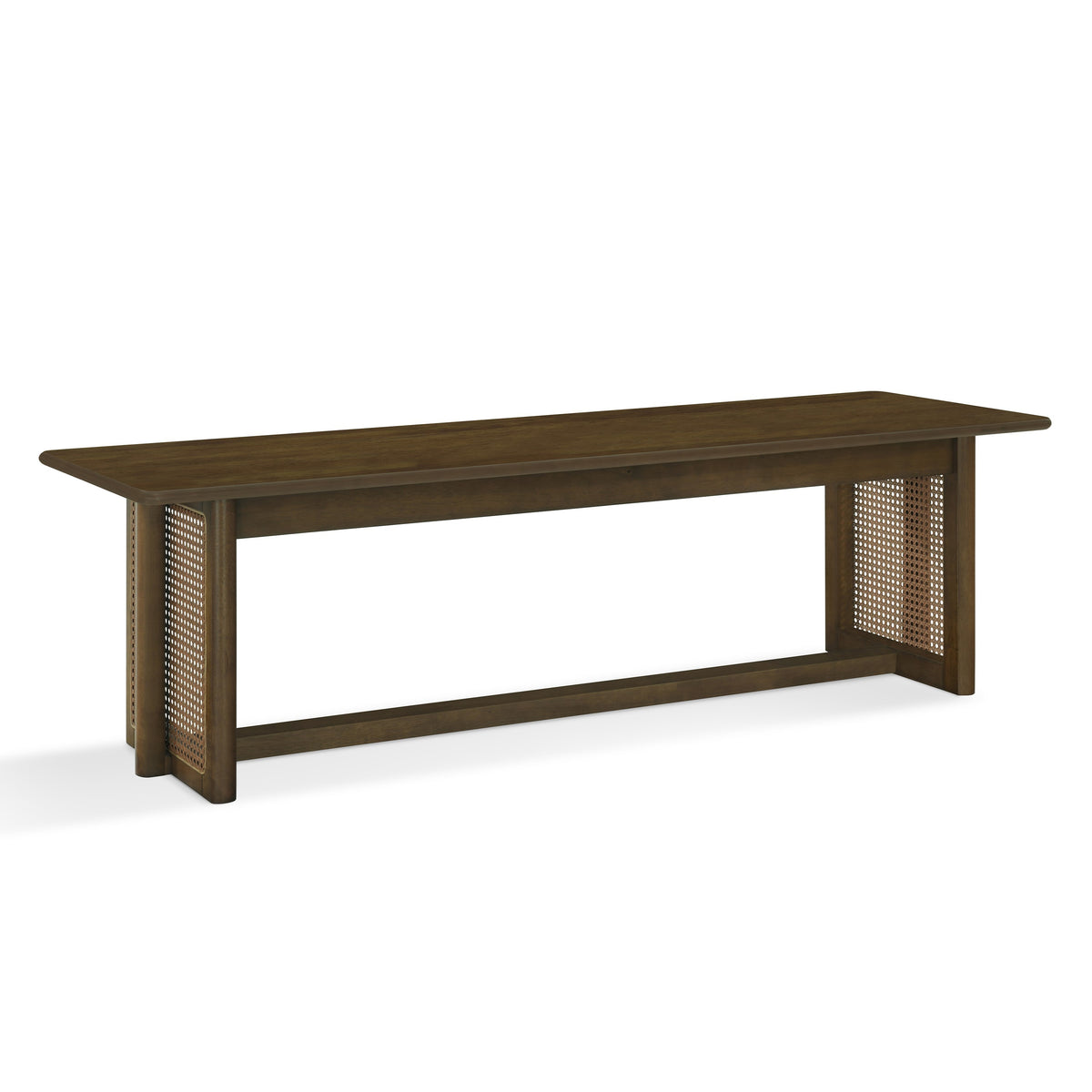 Walnut-Colored Rubber Wood Dining Bench with Plastic Rattan Weave - 59.06''L Indoor Bench, 300 lbs. Capacity for Kitchen, Living Room & Entryway