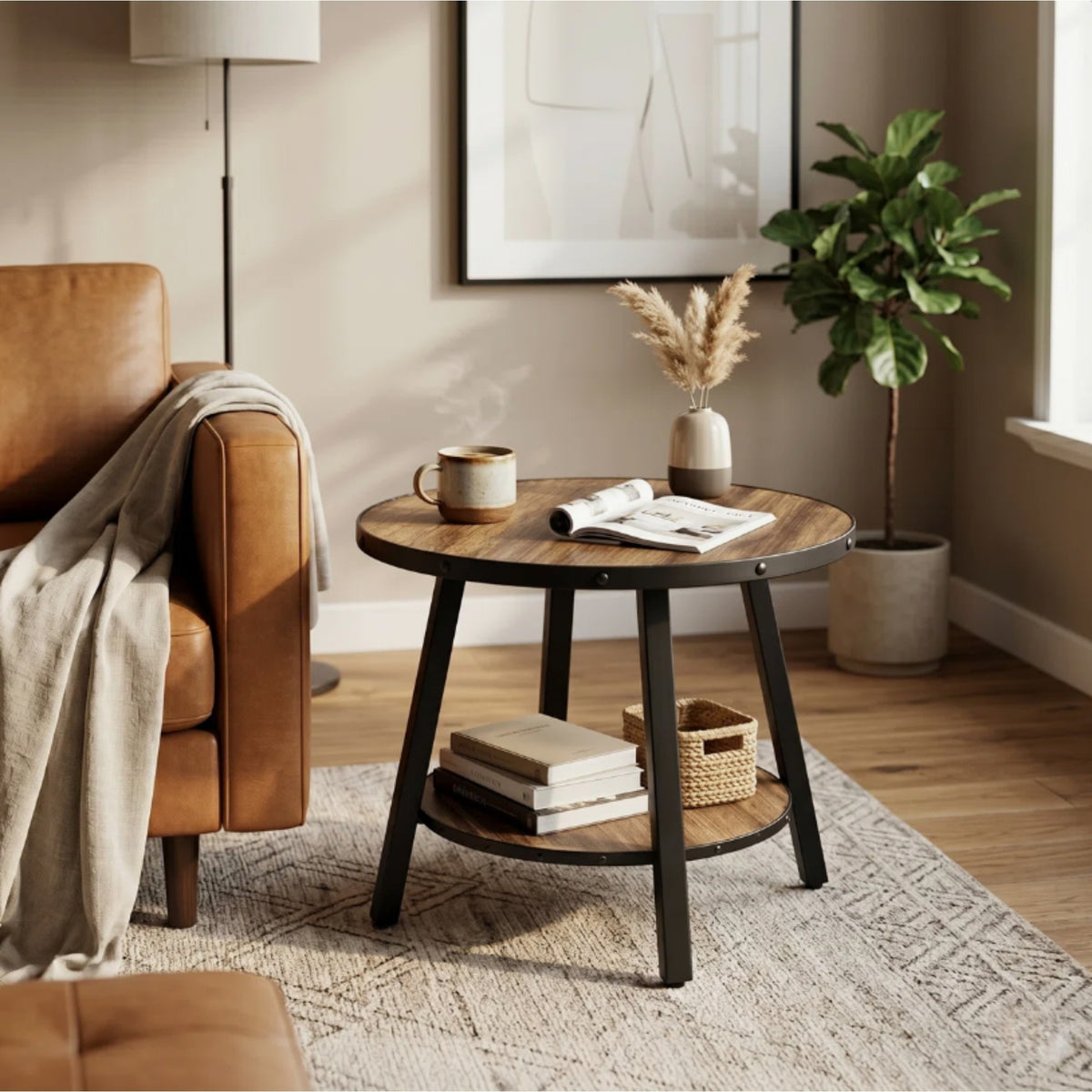 23.6'' Modern Round End Table with 4-Legsa&2-Tier Storage Shelves For Living Room&Bedroom