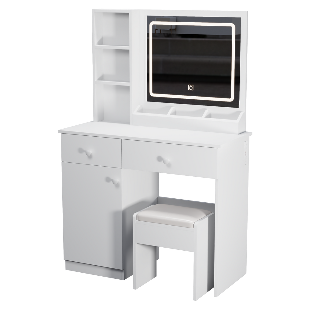 Fashion Vanity Desk with Mirror and Adjustable Lights, Makeup Table Set with 2 Drawers, White MDF, 35.43' x 15.75' x 51.97'