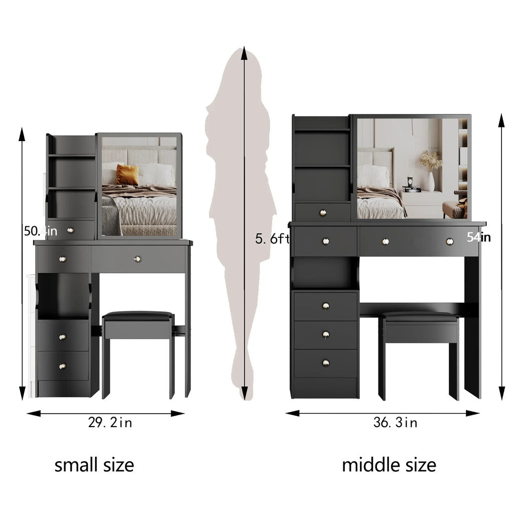 37' Middle Size Left Drawer Desktop Vanity Table + Cushioned Stool, Extra Large Right sliding mirror, Multi Layer High Capacity Storage, Practical Fashionable Dresser, Suitable For Large Space - Eloy Royal
