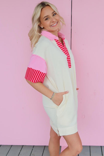 Pink Stripe Colorblock Sleeve Collared Mini Dress - Eloy Royal