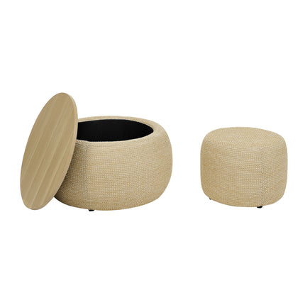 Woven Rattan Fabric Round Storage Ottoman with 2-in-1 Function as End Table