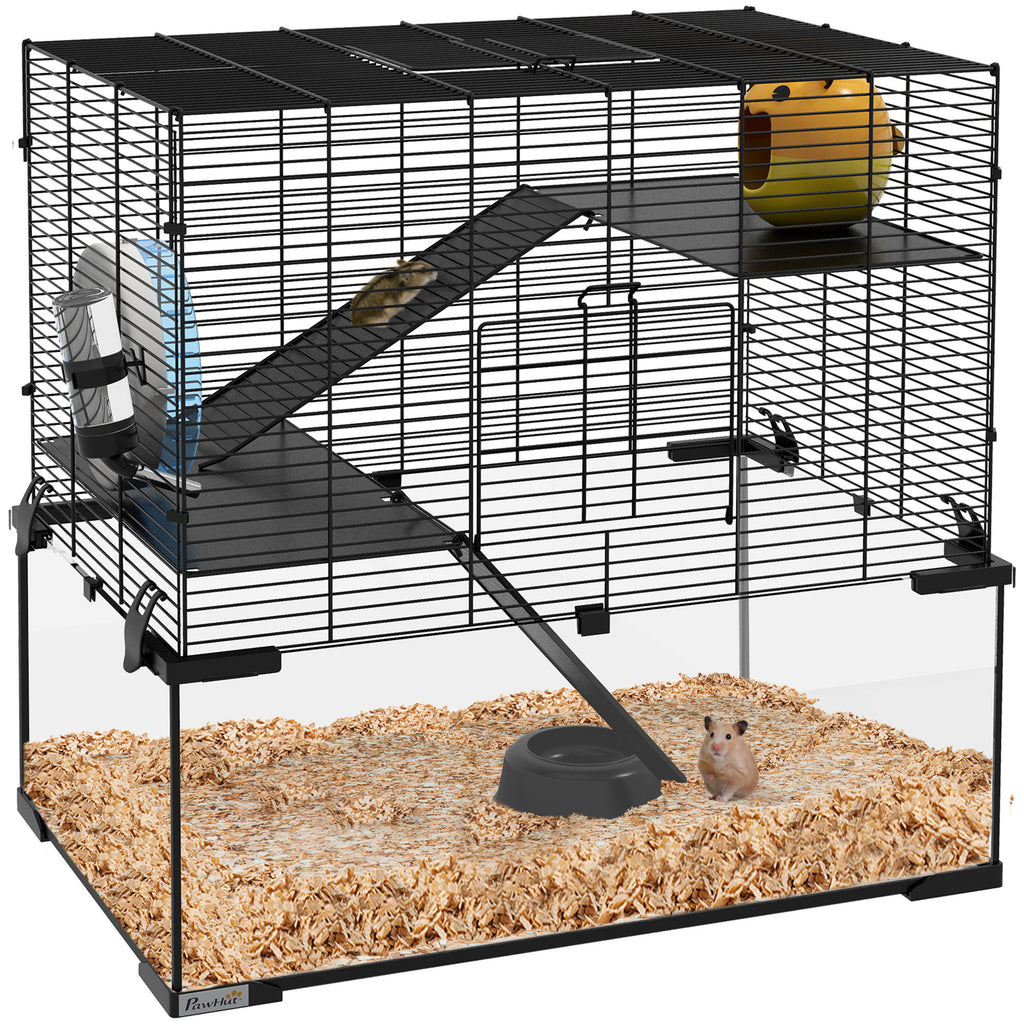 PawHut Hamster Cage, 23.5' Gerbil Cage with Glass Basin, Ramps, Platforms, Hut, Exercise Wheel, for Small Hamsters, Black