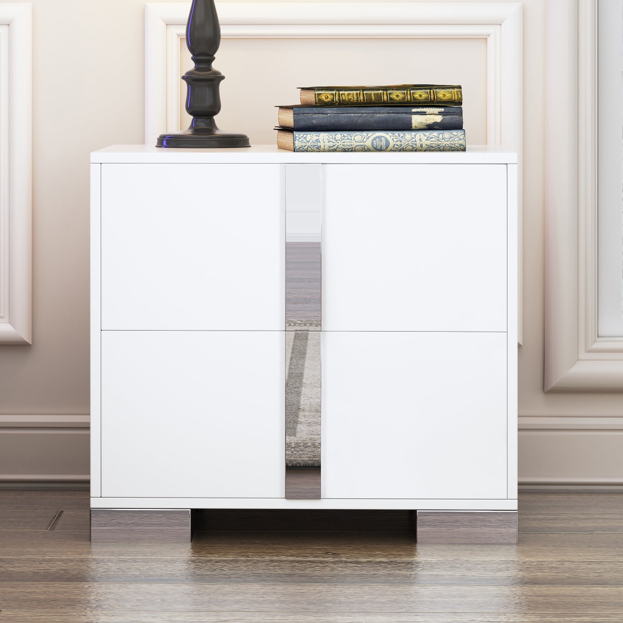 Elegant Nightstand with Metal Foot, Mirrored Bedside Table with 2 Drawers for Bedroom, Living Room, White (Old SKU: WF319353AAK)