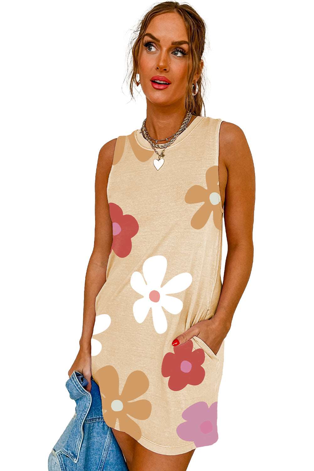 Apricot Flower Print Crew Neck Sleeveless Mini Dress