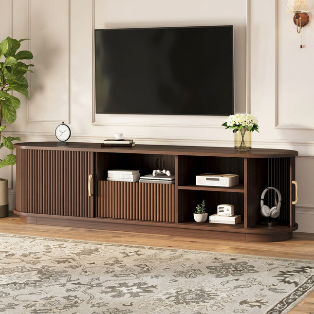 Vintage Rustic TV Stand with Sliding Wood Slatted Doors for TVs up to 75', Farmhouse Fluted TV Cabinet with Drawer, Wood Grain Media Console with Cable Management for Living Room, Bedroom, Walnut