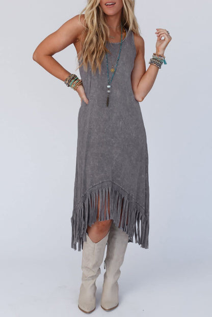 Gray Washed Sleeveless Fringe High Low Hem Maxi Dress - Eloy Royal