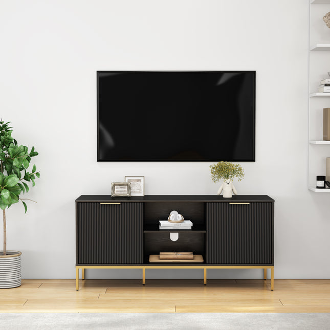Modern TV Stand with Wave-Design Doors,Golden Legs and Handles ,Soft-Close Hinges,Open Shelf & Adjustable Shelf - Stylish and Functional for Your Living Room,Easy Assemble,Black+Gold