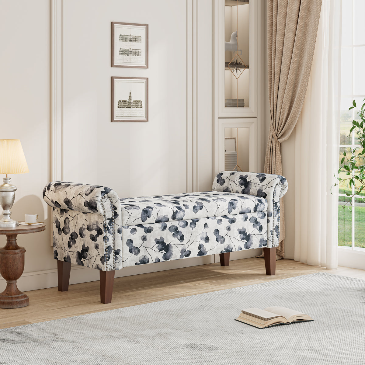 Wallen Traditional Rolled Arm Storage Bench Ottoman with Pewter Nailhead Trim in Black Floral with Dark Brown Solid Wood Legs