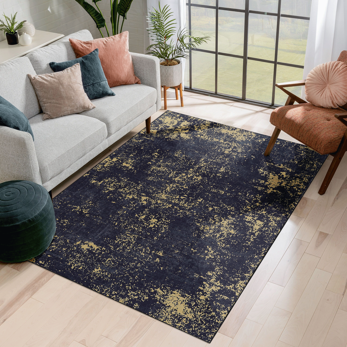 LOOM & LUXE 9x12 Area Rug for  Washable Rug, Low-Pile, Non-Slip, Non-Shedding, Foldable, Kid & Pet Friendly - Area Rugs for living room, bedroom, kitchen  (Black/Gold, 9' x 12')