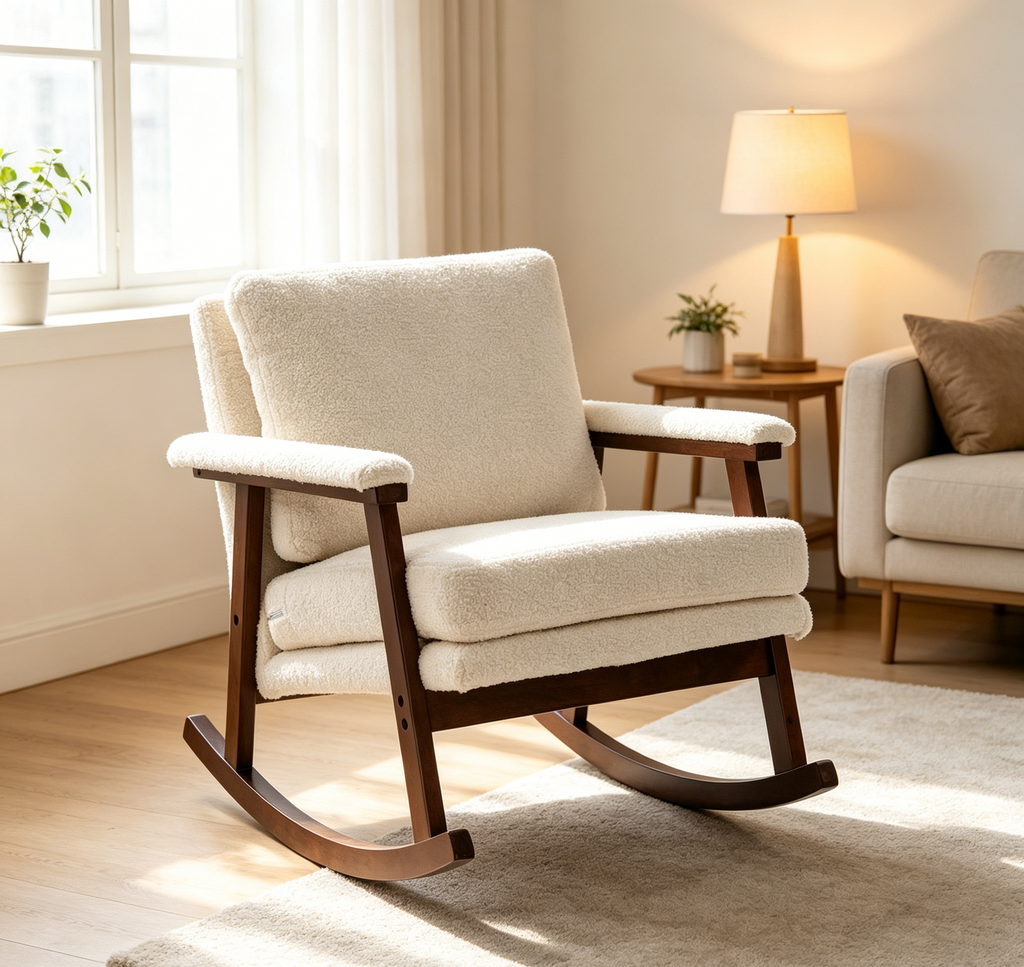 Mid Century Modern Accent Chair ,rocking chair with Solid Wood Frame, Upholstered Living Room Chairs , Reading Armchair for Bedroom Sunroom