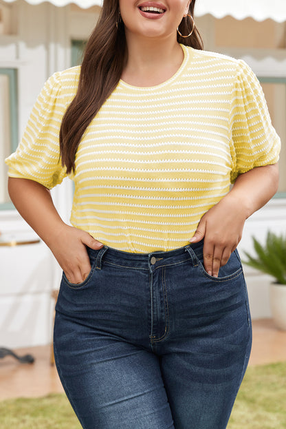 Yellow Stripe Short Puff Sleeve Plus Size Top - Eloy Royal